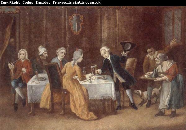 unknow artist An elegant interior with a lady and gentleman toasting,other figures drinking and smoking at the table